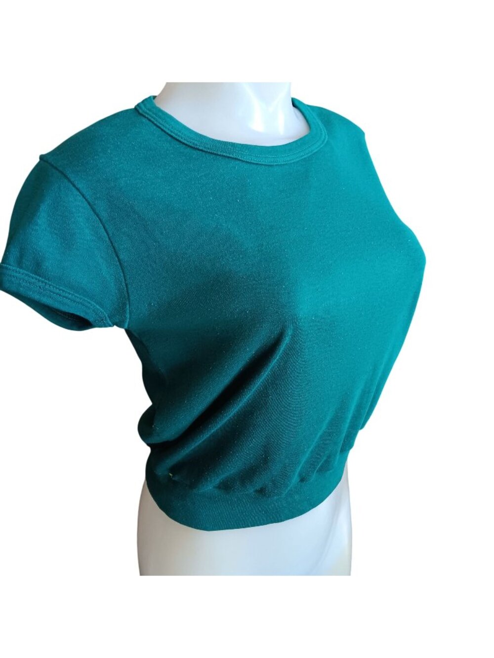 True Vintage Medium 1980s Green T-shirt Knit Disco Cropped Indy Shirt Knit